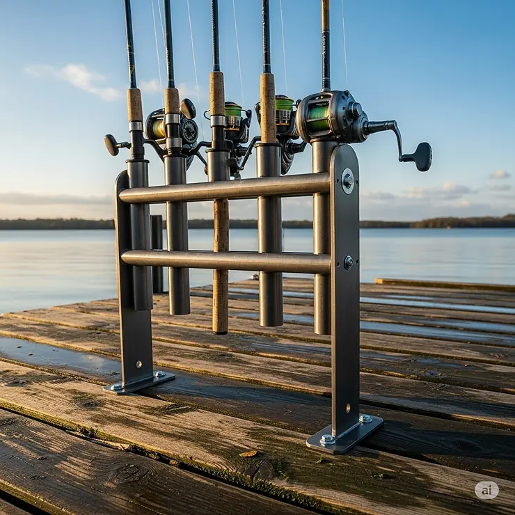 A multi-rod holder is securely attached to a dock, holding several fishing rods simultaneously.