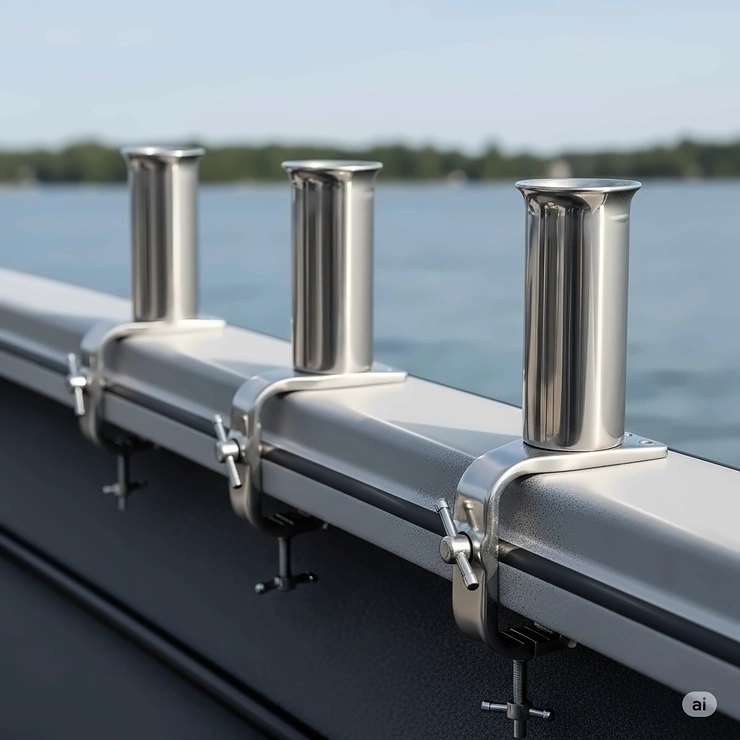 An image showing multiple clamp-on rod holders installed on a boat's gunwale, providing anglers with a hands-free fishing experience.