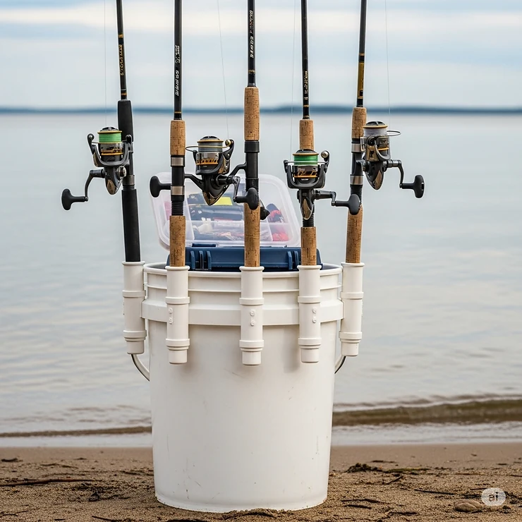 A bucket with multiple fishing rod holders, organized and ready for use.
