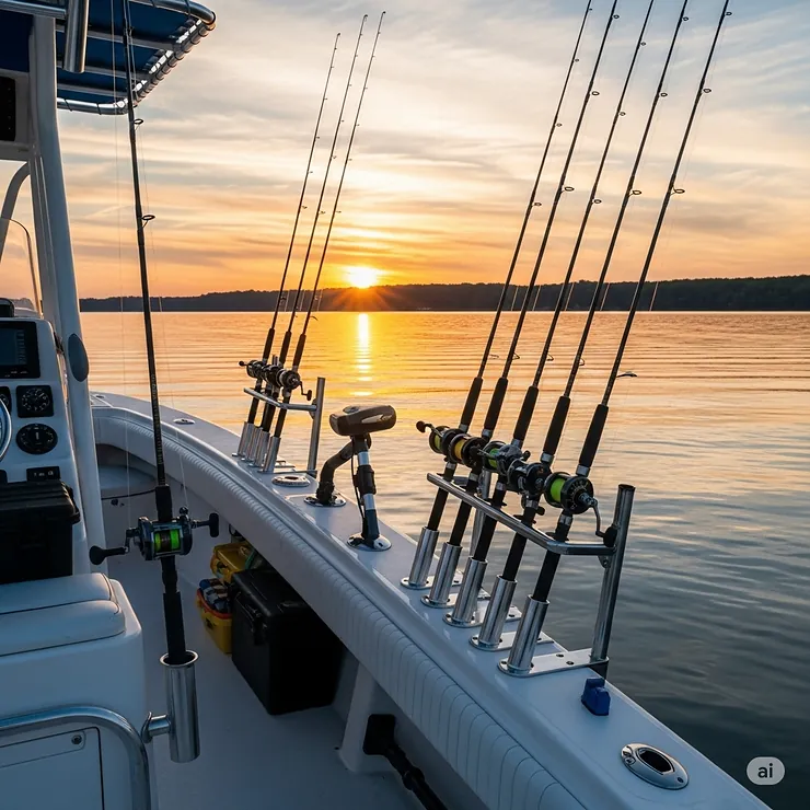 A boat equipped with multiple fishing rod holder brackets, demonstrating how to organize and secure several fishing rods at once.