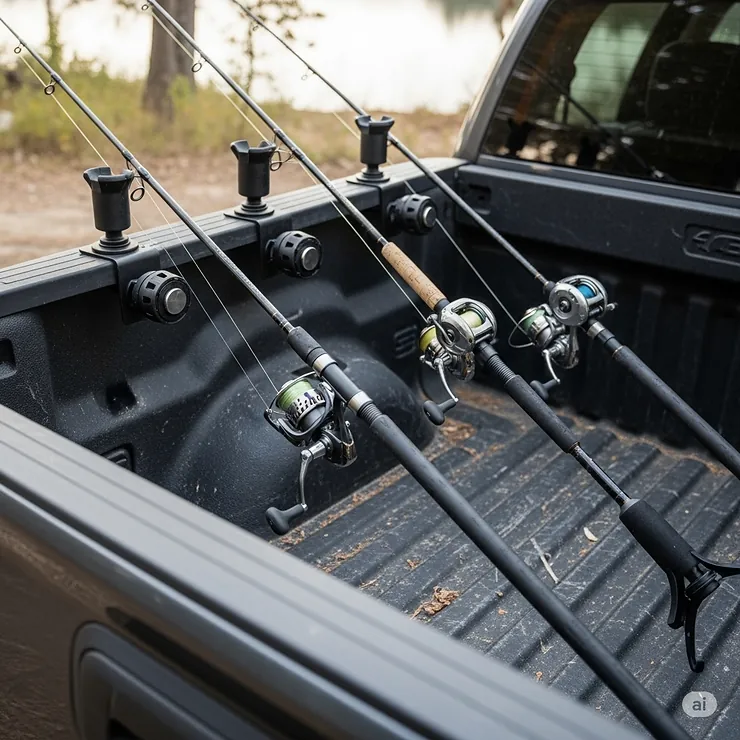 A view of multiple magnetic rod holders arranged on a truck bed, holding several fishing rods.
