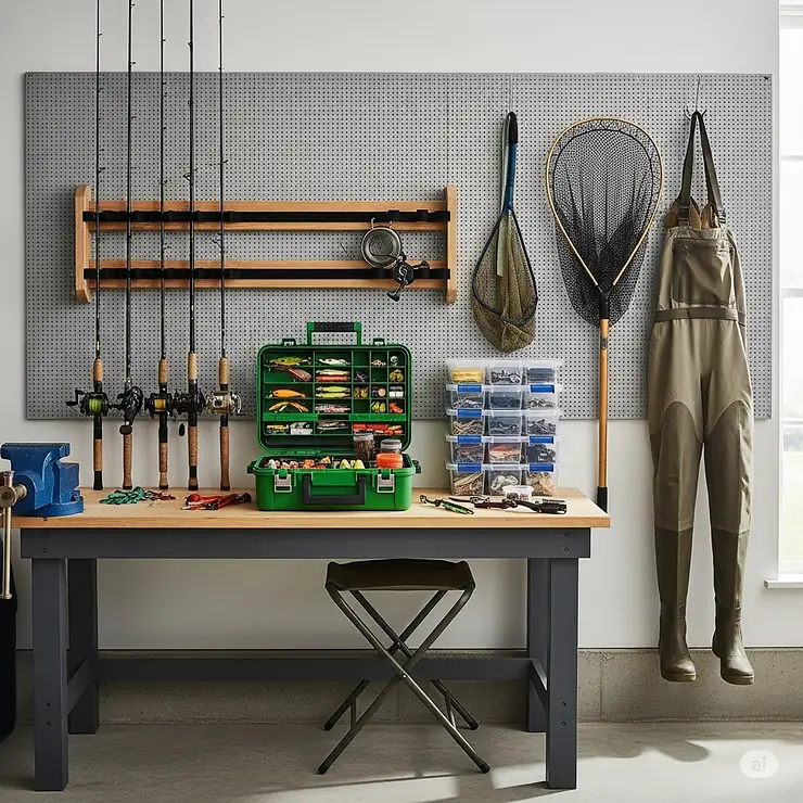 A well-organized section of a garage with a fishing rod holder, a tackle box, and other fishing gear, emphasizing overall organization.