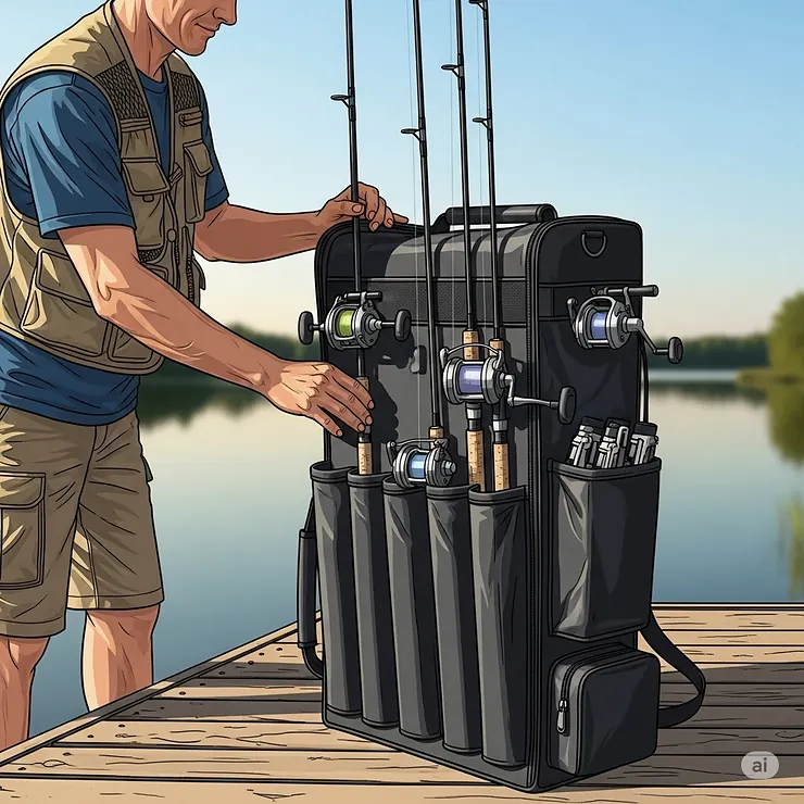 A detailed illustration showing a person easily sliding their fishing rods and reels into the portable fishing pole carrier, demonstrating how simple it is to pack for a fishing trip.