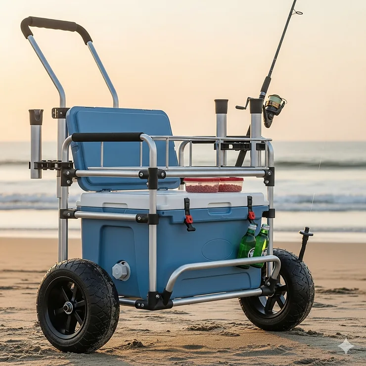 An integrated cooler section within a fishing cart, ideal for keeping bait and drinks cold during long fishing trips.