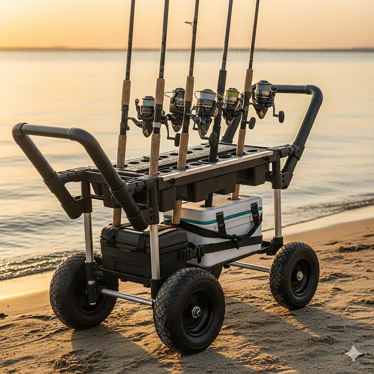 The built-in rod holders on a fishing cart, securely holding multiple fishing rods upright and tangle-free.
