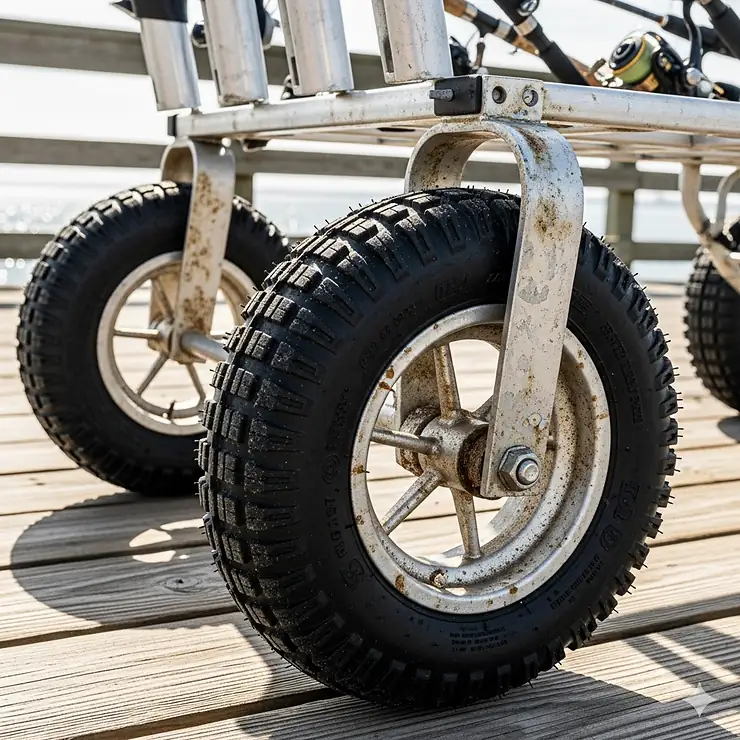A close-up view of the rugged, all-terrain wheels on a pier fishing cart designed for soft sand and uneven surfaces.
