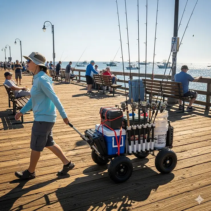 A person effortlessly transports their fishing gear on a sturdy pier fishing cart along a busy pier.