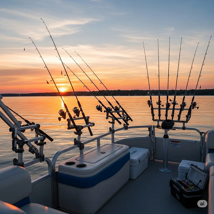 A wide shot of a pontoon boat with a variety of fishing rod holders in use, highlighting different mounting options.