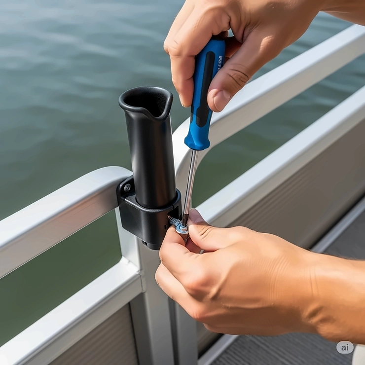 A person's hands installing a fishing rod holder on a pontoon boat railing with a screwdriver.