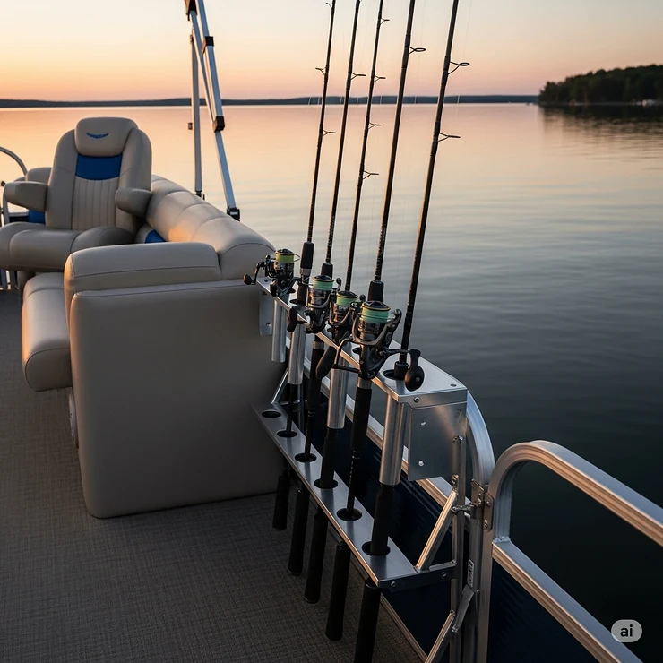 An organized setup of multiple fishing rods in a rod holder rack on a pontoon boat, keeping the deck clear and safe.