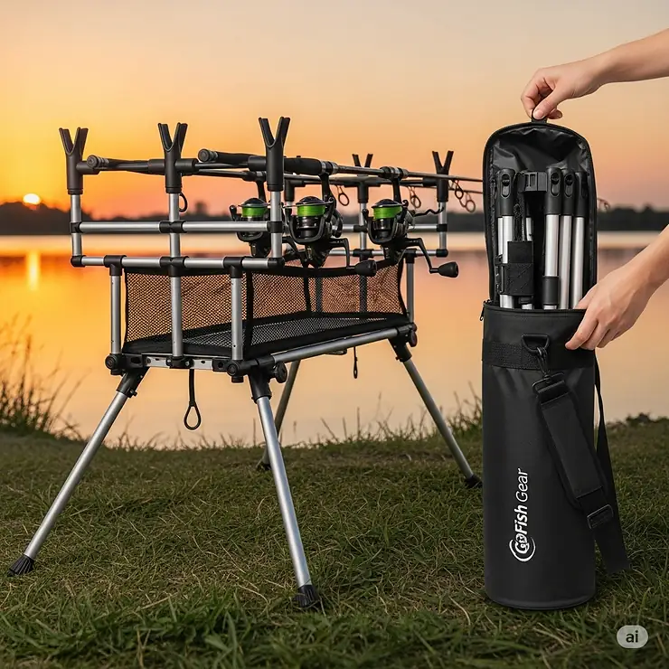A portable, collapsible fishing pole stand and its carrying case, emphasizing the ease of transport and storage.