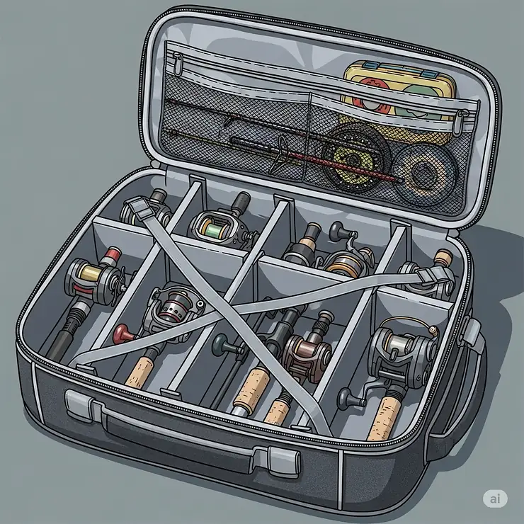 An illustration of the inside of the portable fishing pole carrier, revealing separate compartments and secure straps that keep multiple fishing rods and reels organized and protected during travel.