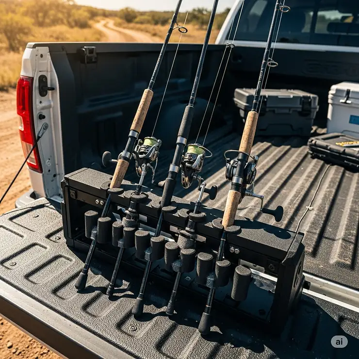 Visual representation of fishing rods safely secured within a truck bed fishing rod holder, highlighting how it protects valuable fishing gear from damage during transport.
