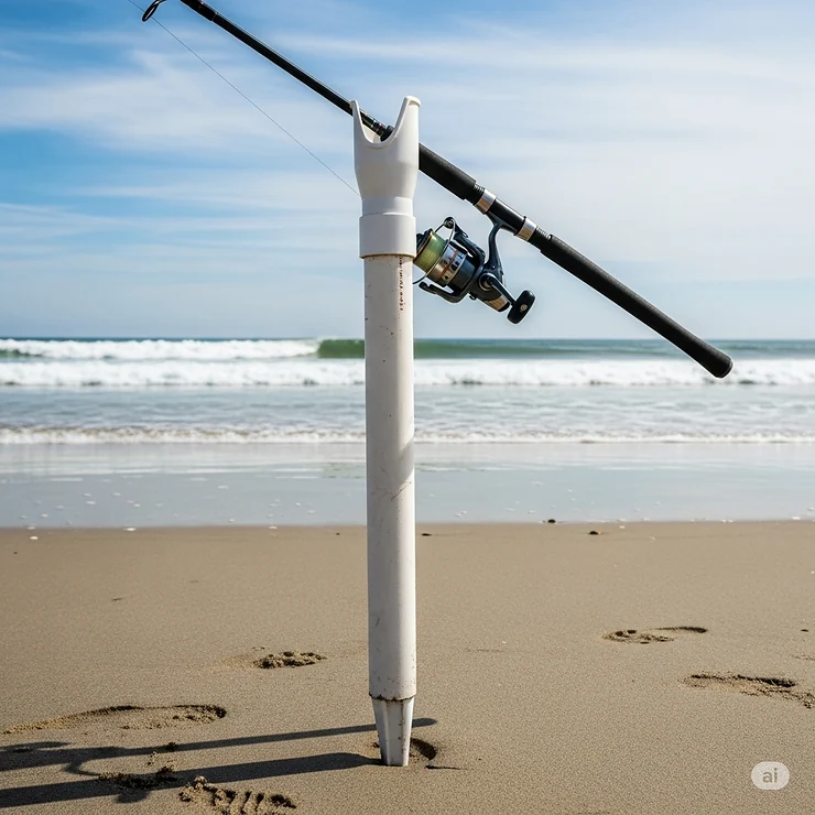 A simple, homemade PVC pipe fishing rod holder stuck in the sand at the beach, ideal for surf fishing.