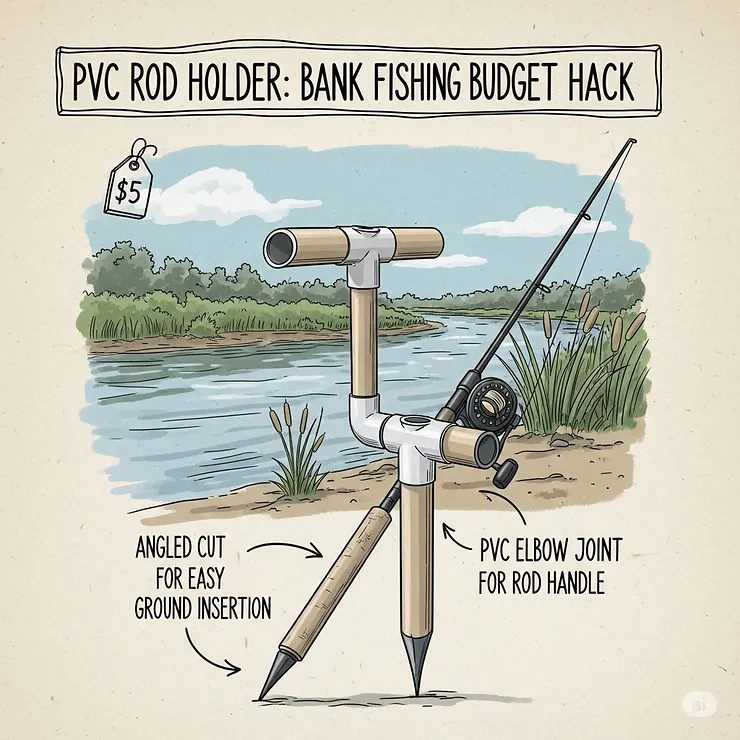 A DIY illustration showing a homemade fishing rod holder made from a PVC pipe, highlighting a cost-effective solution for bank fishing.
