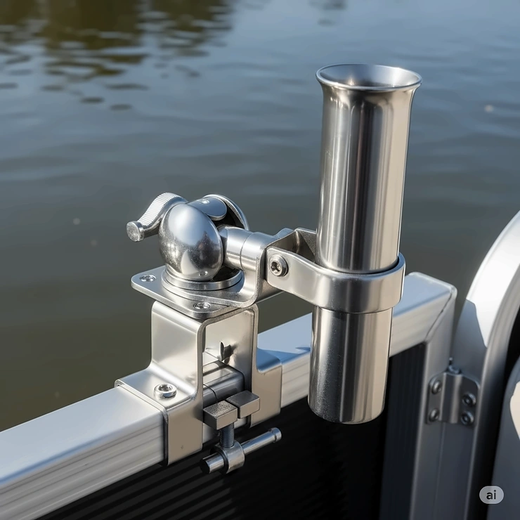A marine-grade, rail mount fishing rod holder attached to the side rail of a pontoon boat, perfect for easy installation without drilling.