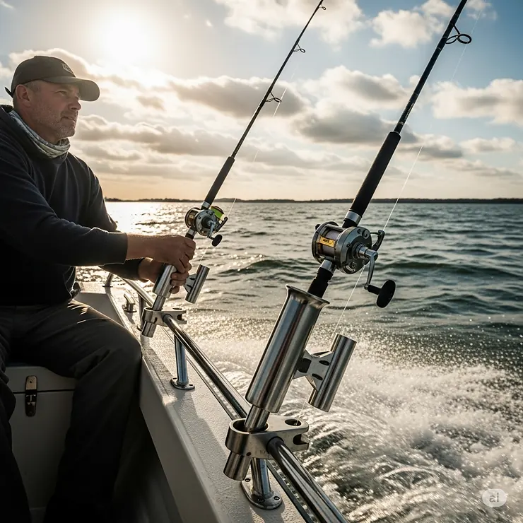 A fisherman is shown using two stainless steel rail mount rod holders attached to the boat's railing while trolling, illustrating their convenience and secure grip.