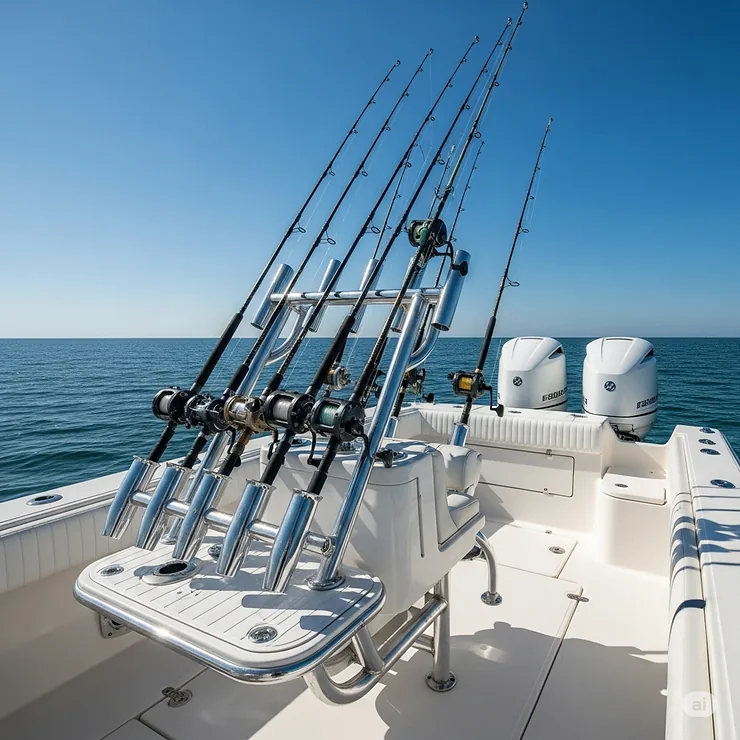 A set of boat fishing rod holders on a rocket launcher, providing convenient storage and access for multiple fishing rods on a boat.