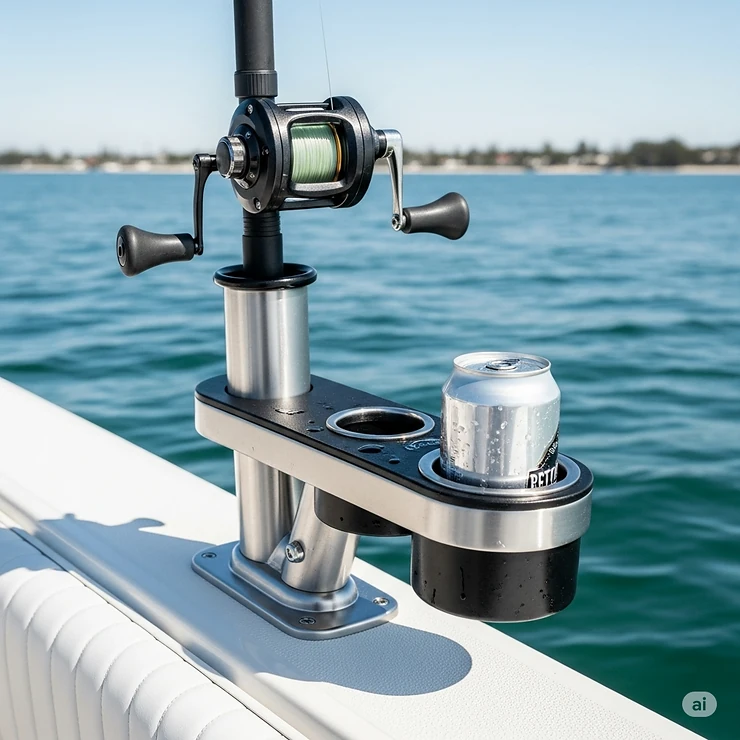Innovative boat fishing rod holder featuring an integrated drink holder, combining convenience for anglers.