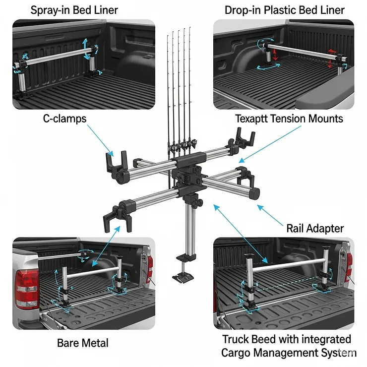 Diagram illustrating a versatile truck bed fishing rod holder successfully installed on different types of truck beds, including those with and without bed liners, showcasing its adaptability.
