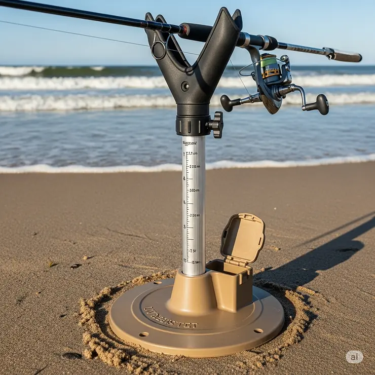 A depiction of a specialized fishing rod holder with a wide, flat base for stability when bank fishing on sandy shores or beaches.