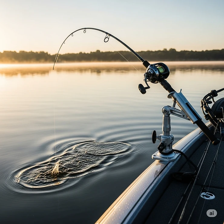 Action shot of a fishing rod secured in an adjustable holder, with the line tight and the rod bent, indicating a fish is on the line.
