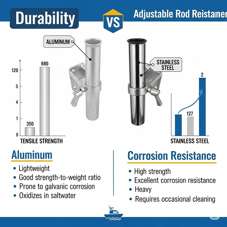 Infographic comparing the durability and corrosion resistance of different materials used in adjustable rod holders for boats, such as aluminum and stainless steel.