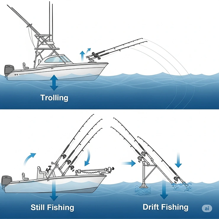 Visual guide demonstrating the optimal positioning of adjustable rod holders on a boat for different fishing techniques.