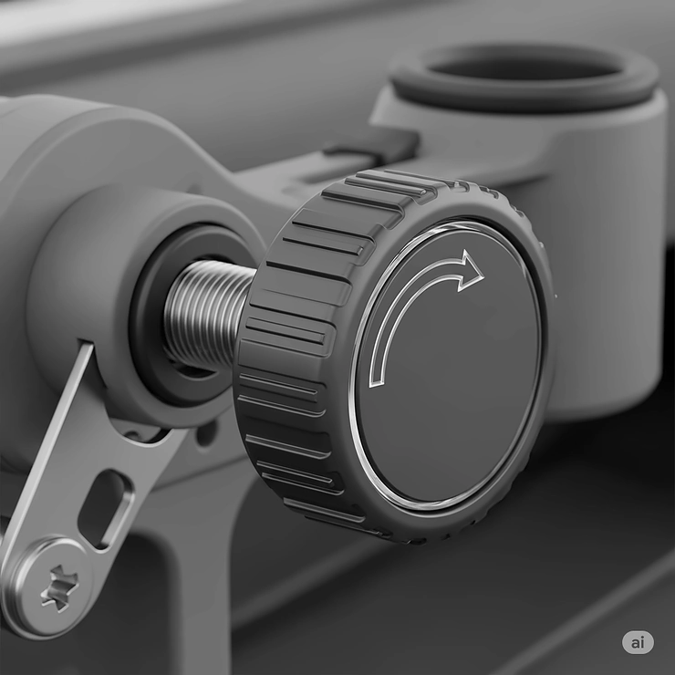A detailed image focusing on the tension knob of an adjustable rod holder, which allows for quick and precise angle adjustments.