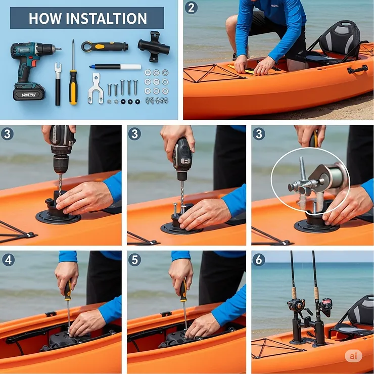 Step-by-step instructions for the proper installation of a rod mount on a kayak, including tools and placement.