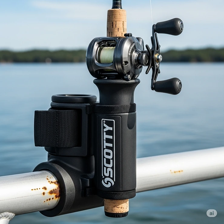 Close-up of a Scotty baitcaster rod holder, specifically designed to secure baitcasting fishing rods.