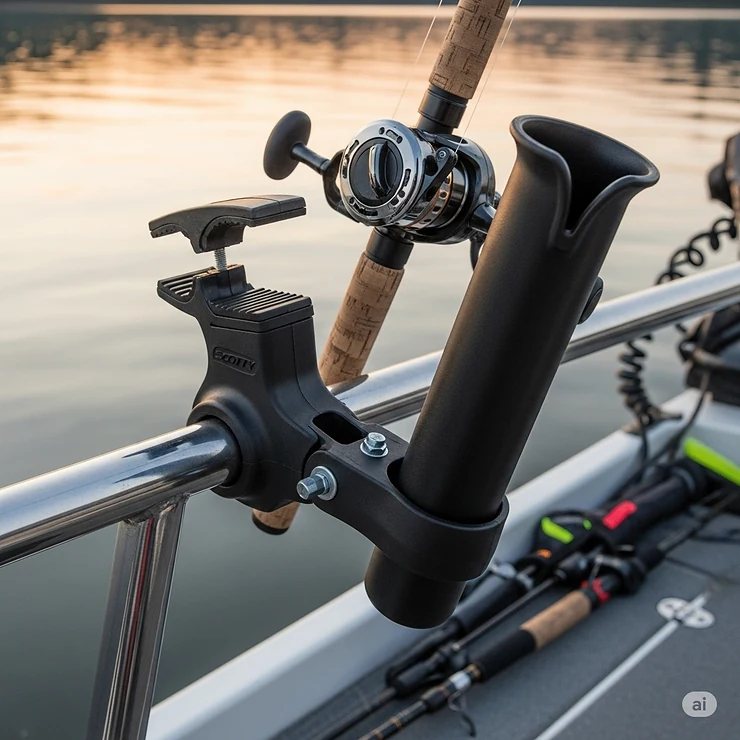 A Scotty clamp mount rod holder attached to a boat rail, highlighting its versatility and easy installation.