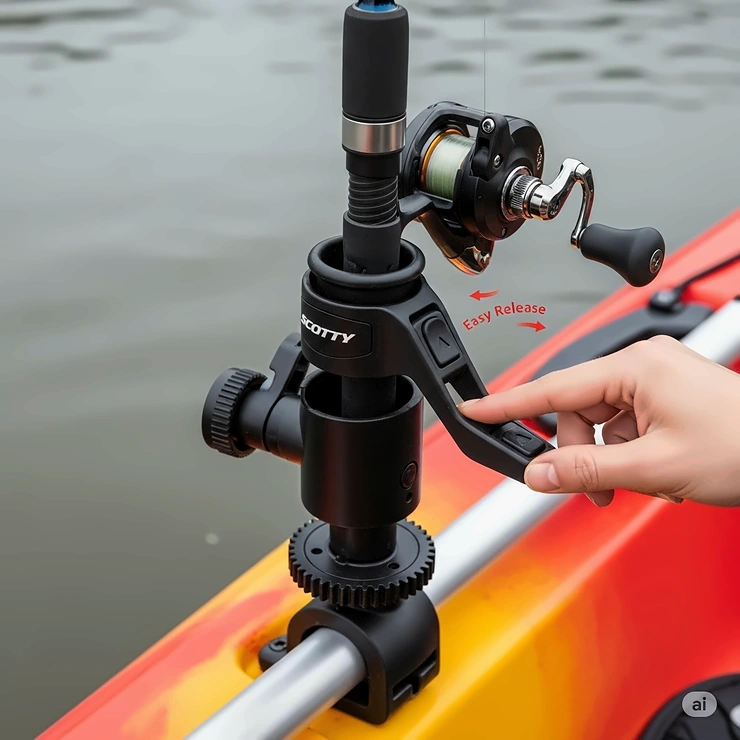 A high-resolution image of a popular Scotty brand kayak fish rod holder, demonstrating its sturdy construction and easy-release mechanism.