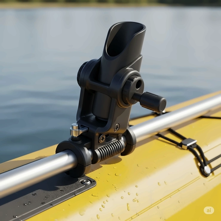 A close-up illustration of a single fishing rod holder, securely mounted on a kayak's rail.