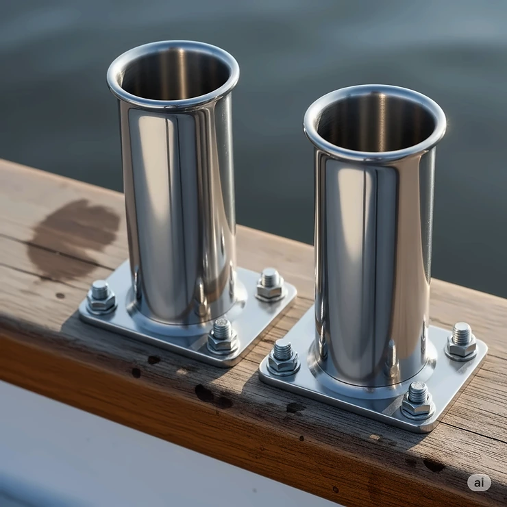 A detailed photo showcasing the sleek design and polished finish of stainless steel bolt-on rod holders.