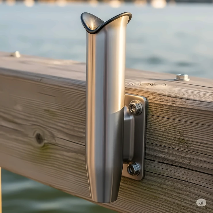 Close-up shot of a corrosion-resistant stainless steel fishing rod holder designed for use on a dock.
