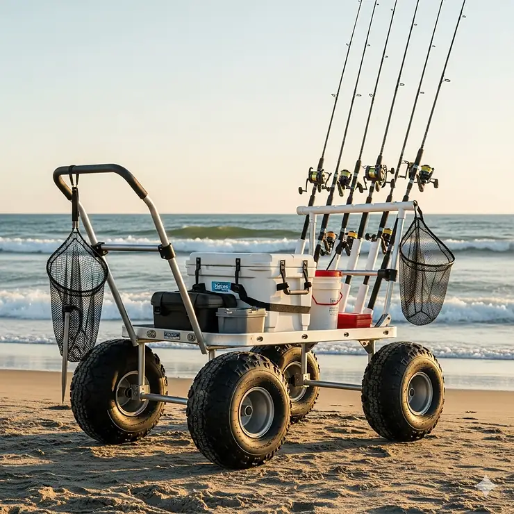 A surf fishing cart with multiple rod holders securely holding fishing rods for easy transport to the beach.