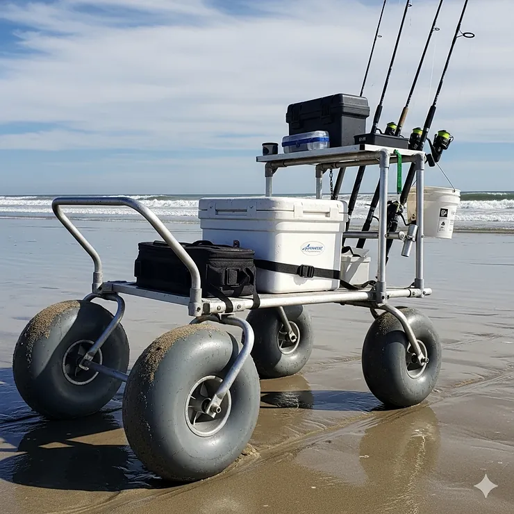 A specially designed surf fishing cart with oversized balloon wheels is standing on the wet sand, ready for a day of beach fishing.
