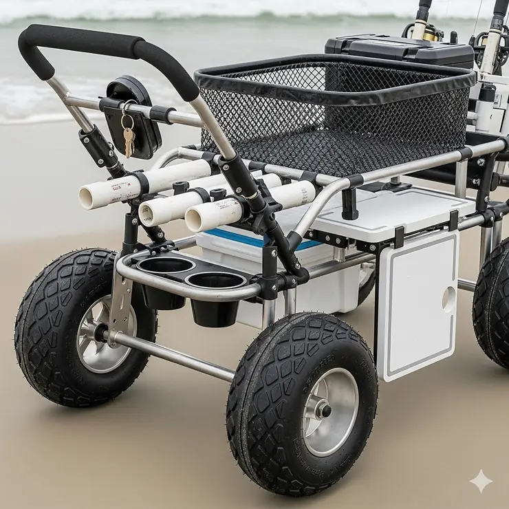 Close-up of a surf fishing cart's features, including oversized wheels and a corrosion-resistant frame.