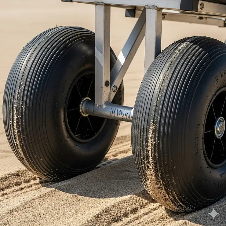 A close-up shot of the large, balloon-style wheels on a surf fishing cart, designed for easy travel over soft sand.