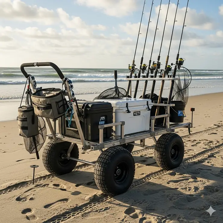 A durable, all-terrain surf fishing cart loaded with fishing rods, tackle box, and a cooler on a sandy beach.