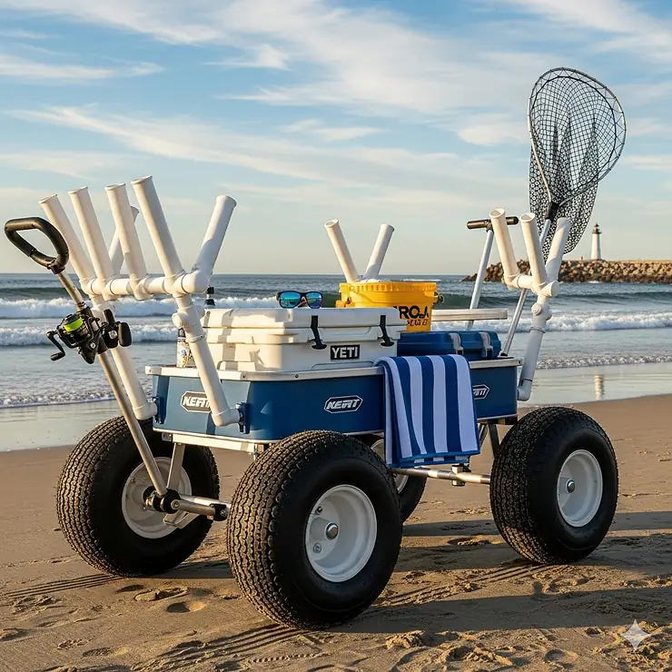 A wide-wheeled surf fishing wagon equipped with multiple PVC rod holders, ready for a day of fishing.