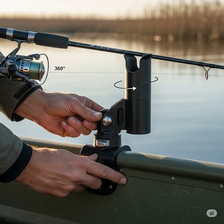 An angler adjusting a swivel rod holder on their jon boat, highlighting the holder's 360-degree rotation feature.