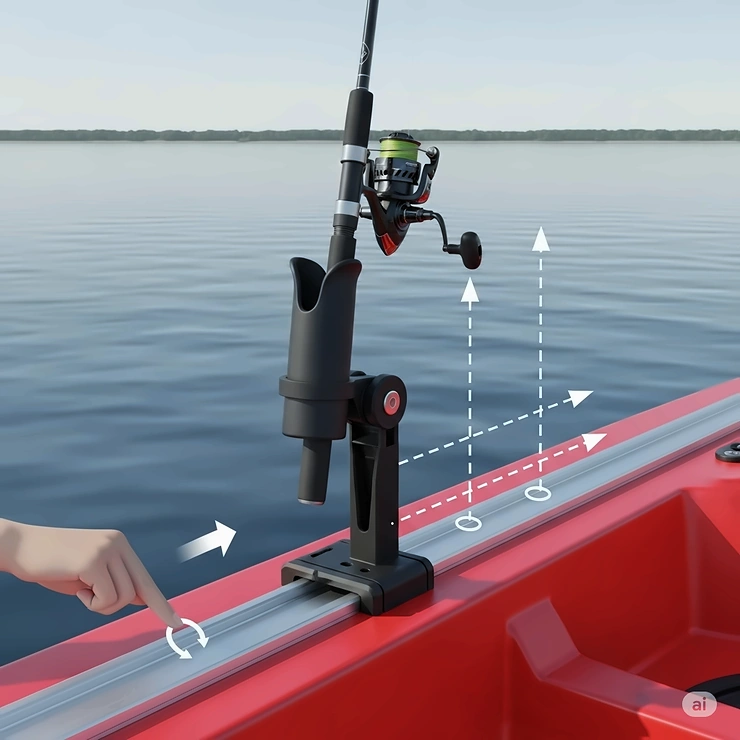 An illustration of a track-mounted kayak fish rod holder, highlighting its versatility and ease of repositioning along a gear track.