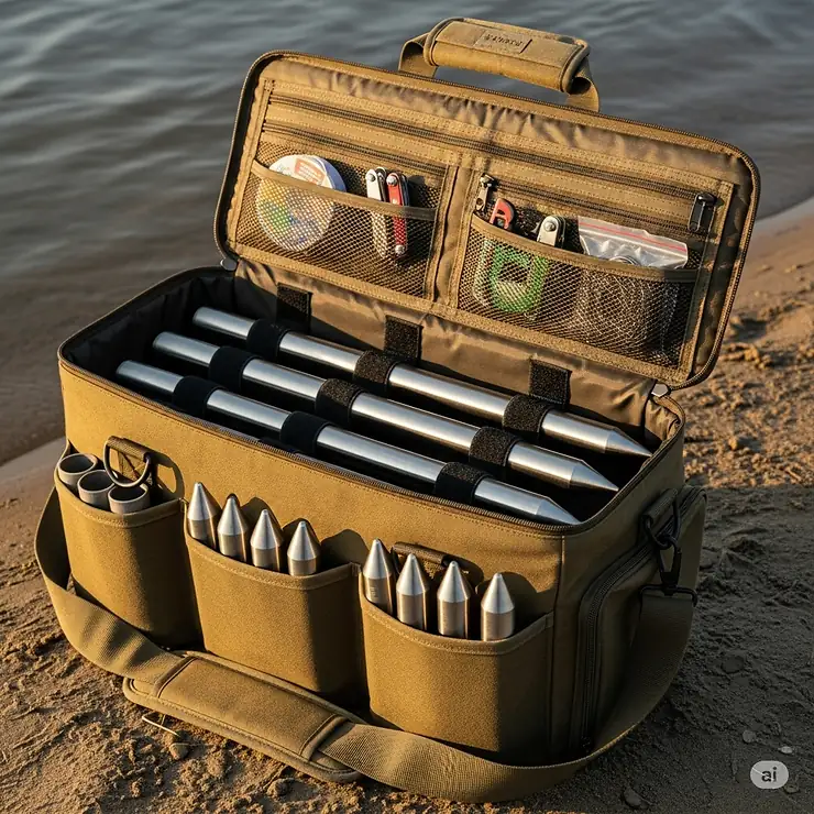 An image of a compact, portable bag or case designed to carry several bank fishing rod holders and accessories.