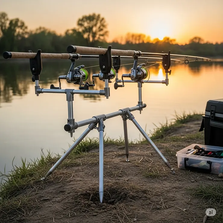 An image of a triple-rod bank fishing holder, designed to support three fishing rods simultaneously on a stable stand.