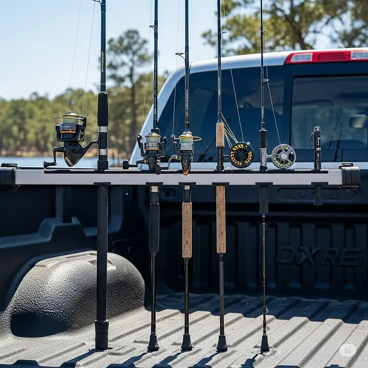 Several fishing rods of various sizes neatly arranged and held upright by a truck bed fishing rod holder, demonstrating its ample storage capacity for multiple rods.