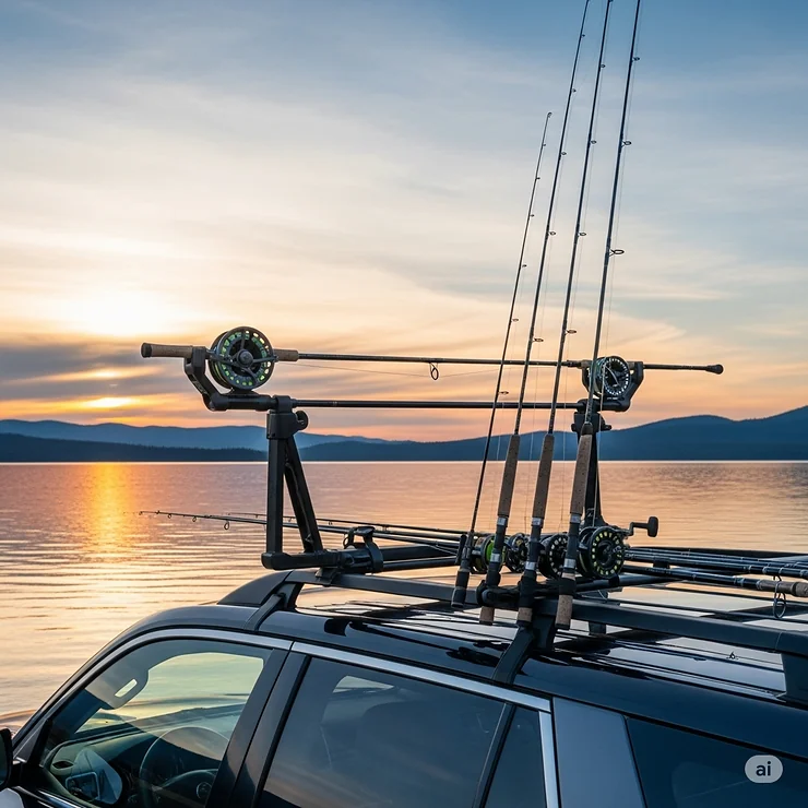A two-piece fishing rod holder system, designed for both fly fishing and conventional fishing rods, mounted on a car's roof rack.
