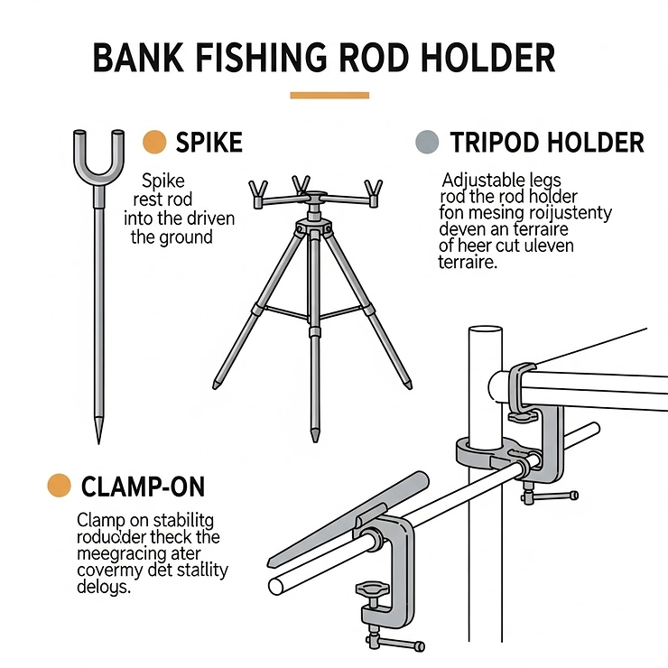 An illustrative diagram showcasing various types of bank fishing rod holders, including spike, tripod, and clamp-on designs, highlighting their unique features.
