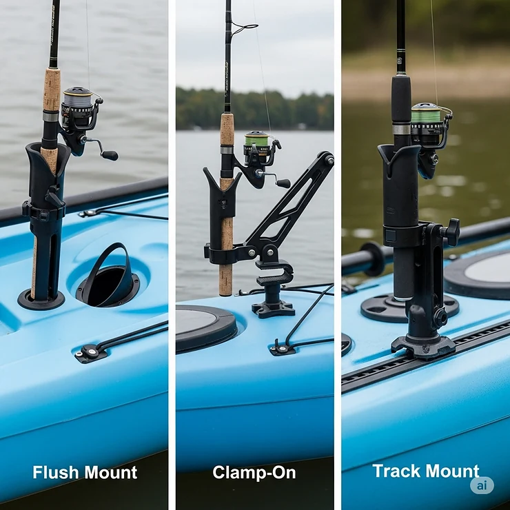 A visual comparison of different types of kayak fish rod holders, including flush mount, clamp-on, and track mount, to help users choose the best option.